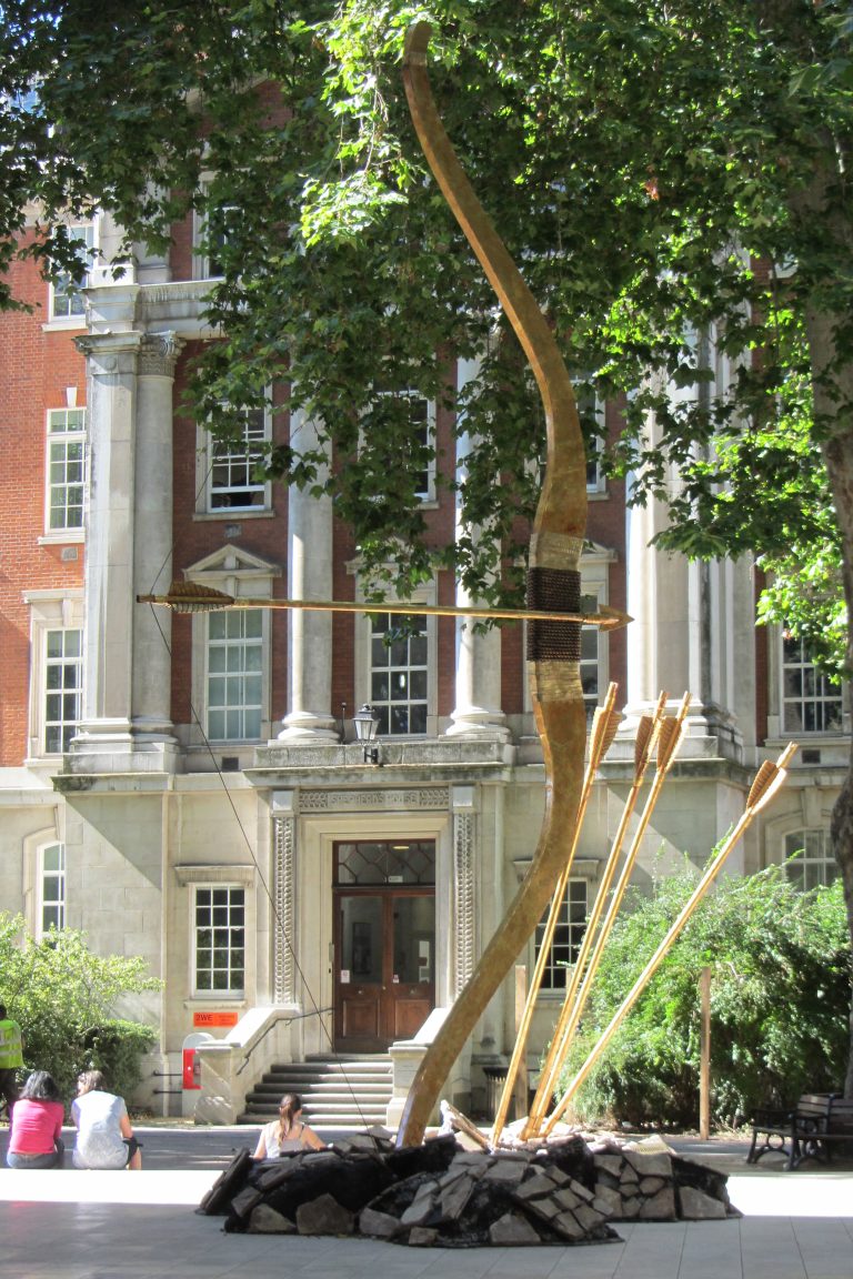 Gift Of The Gods: Archery: giant golden bow and arrows sculpture, Truman Brewery, London