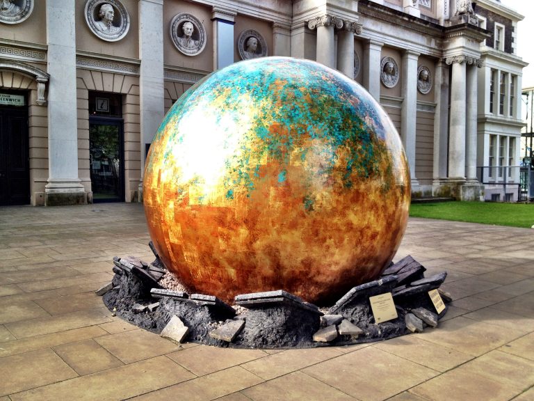 Gift Of The Gods: Shot Put: giant globe sculpture at the Old Royal Naval College, Greenwich