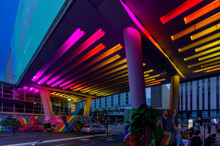 Rainbow light beams under the Smallbrook Queensway flyover, Birmingham