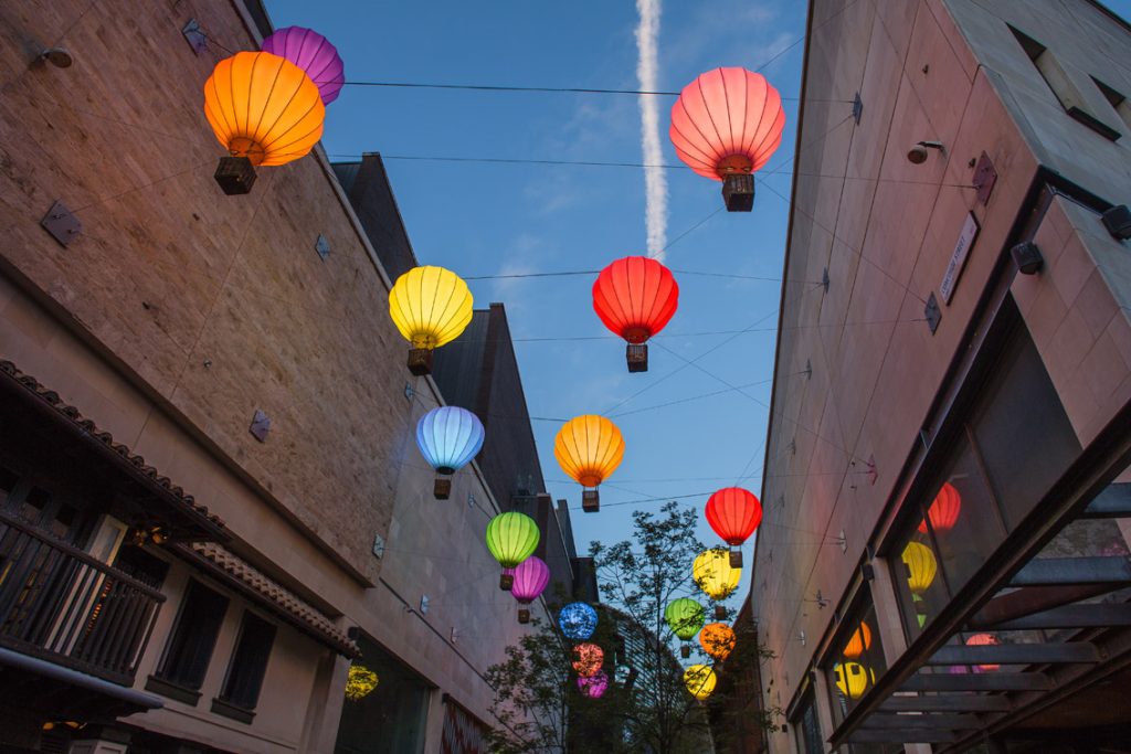Balloon Festival: colourful hot air balloon lanterns at Cabot Circus, Bristol