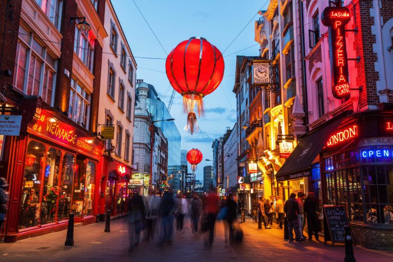 Giant Lanterns: giant red lanterns over a street in Chinatown, London