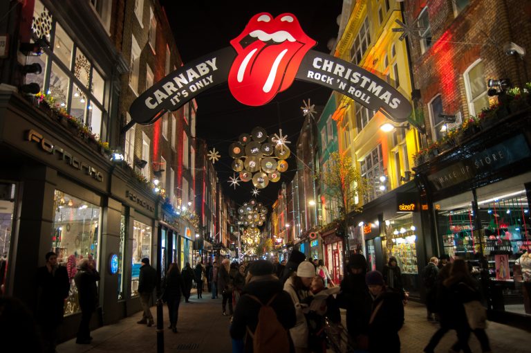 Carnaby Rolling Stones: Rolling Stones tongue logo arch over Carnaby Street, London