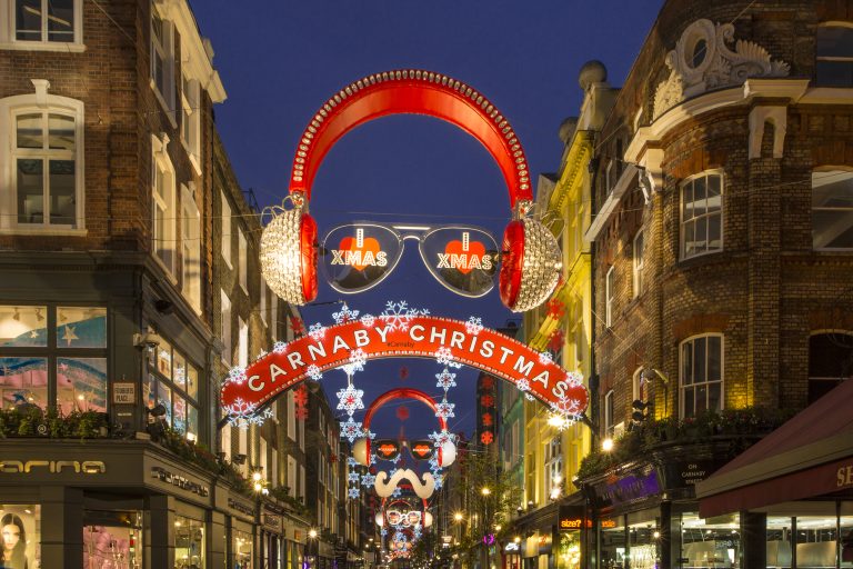 Carnaby Soundwave: giant red headphones and Carnaby Christmas sign, London