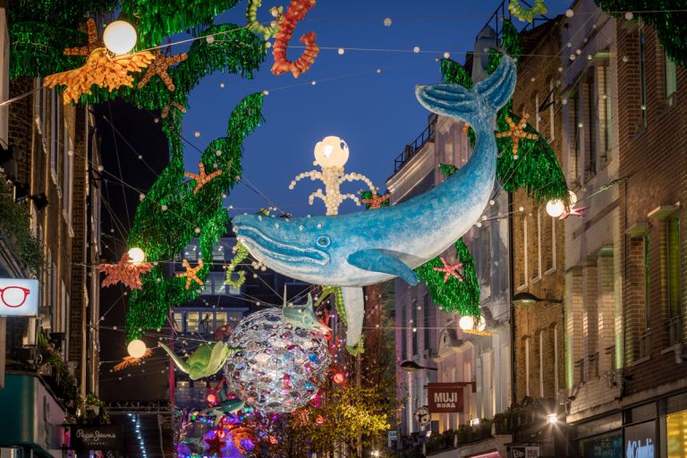 Carnaby One Ocean, One Planet: giant whale and sea life above Carnaby Street, London
