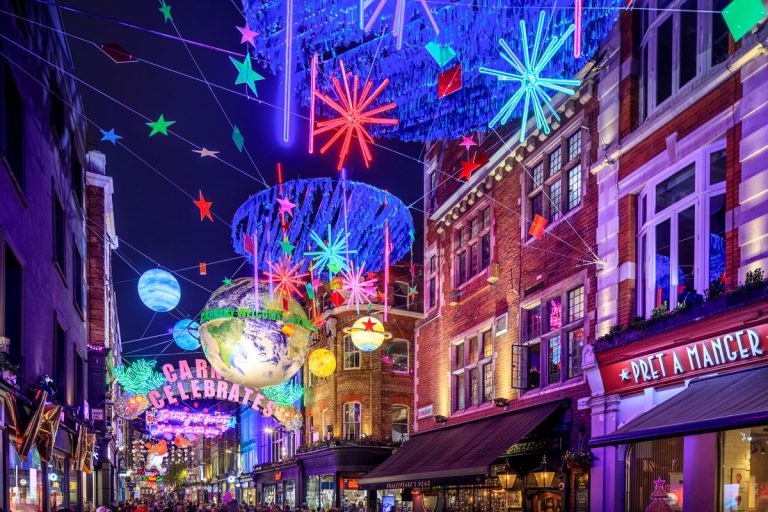 Carnaby Celebrates: colourful stars, planets and lights over Carnaby Street, London