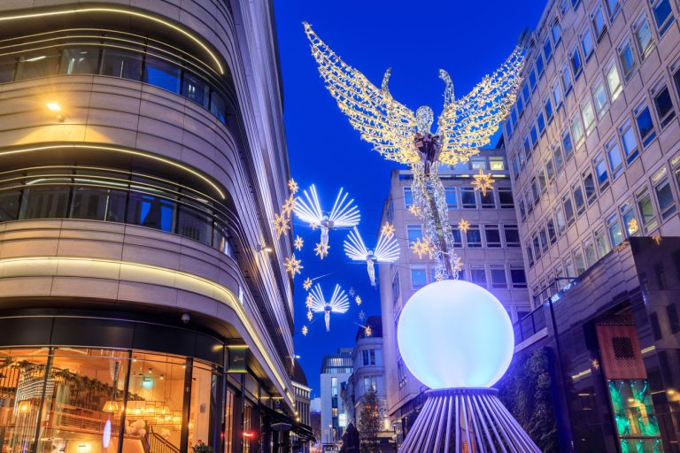 St James's Market Selfie: illuminated angel and glowing orb in St James's Market, London