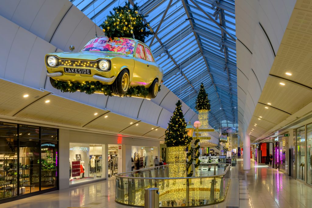 Destination Christmas: flying car and Christmas tree decorations at Lakeside, Thurrock