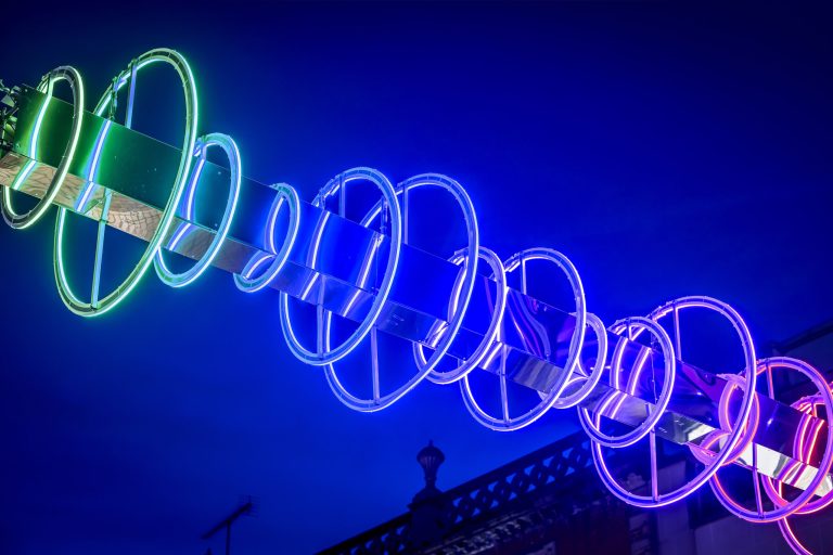 Street Art: neon ring light installation in Briggate, Leeds