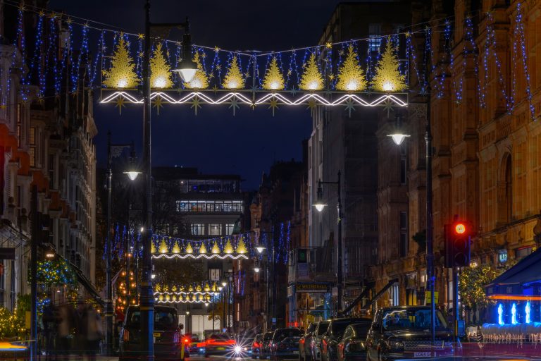 Golden Forest: golden tree light canopies across Mount Street, London