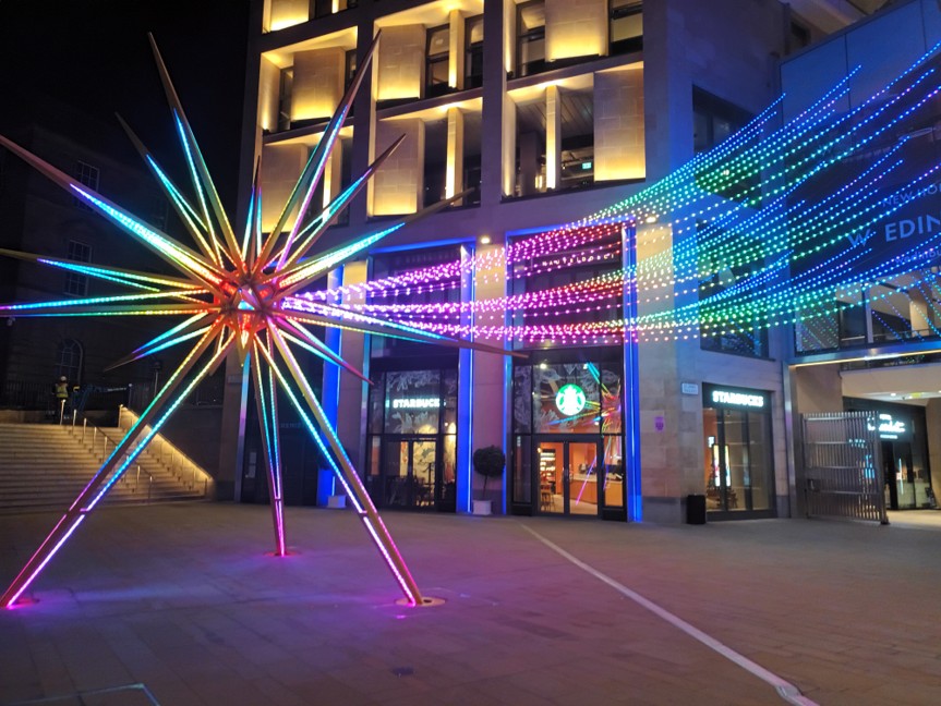Starbursts: rainbow starburst light sculpture at St James Quarter, Edinburgh