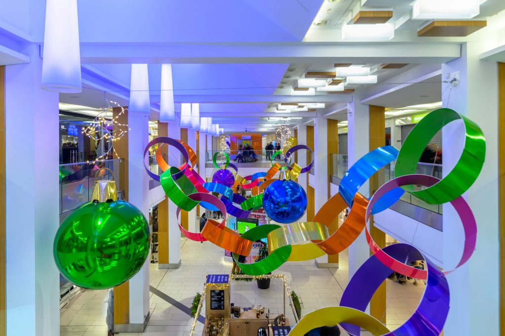 A Very Quirky Christmas: colourful ribbon loops and giant baubles in Victoria Centre, Nottingham