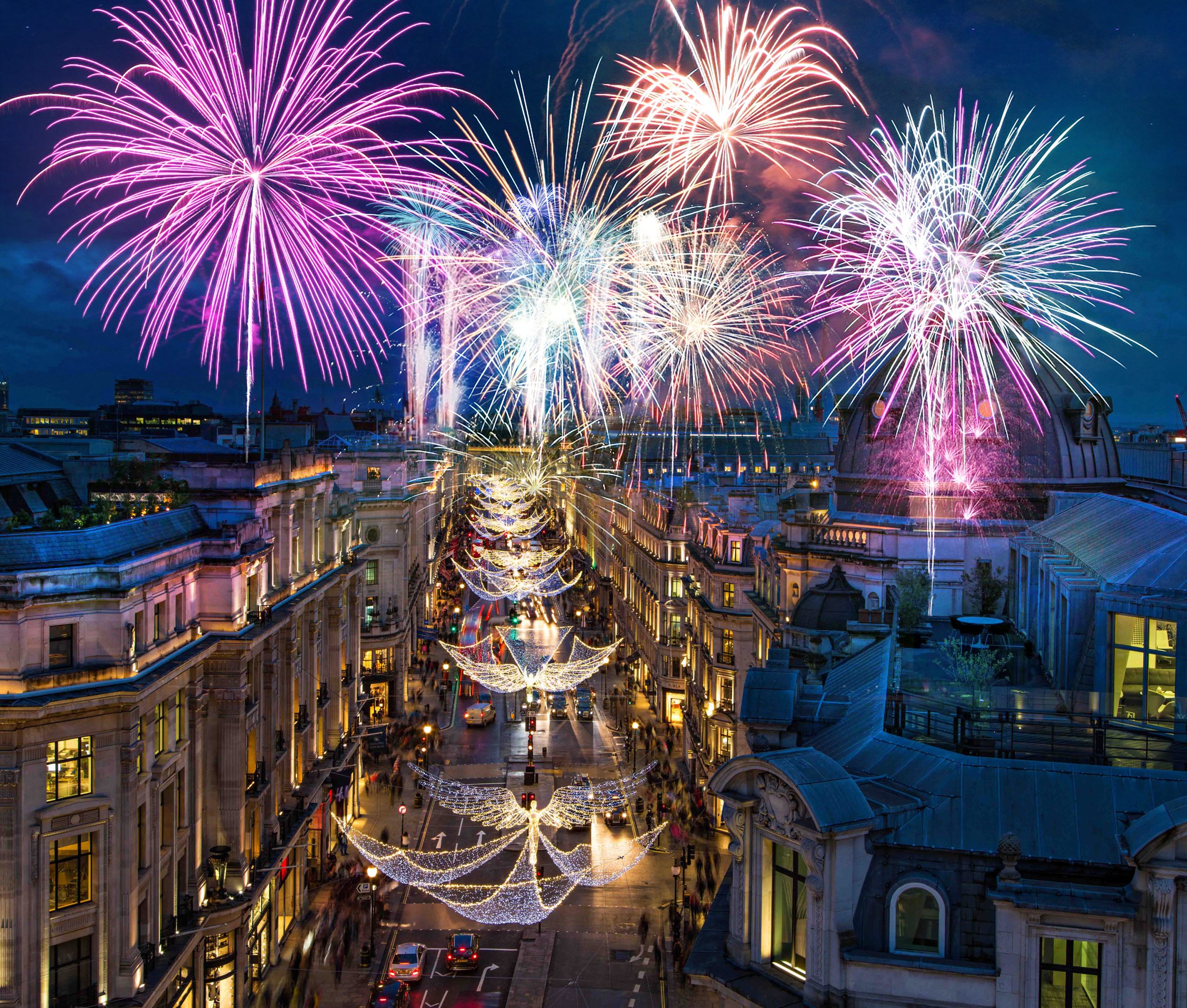 Fireworks over the Regent Street Christmas lights, London