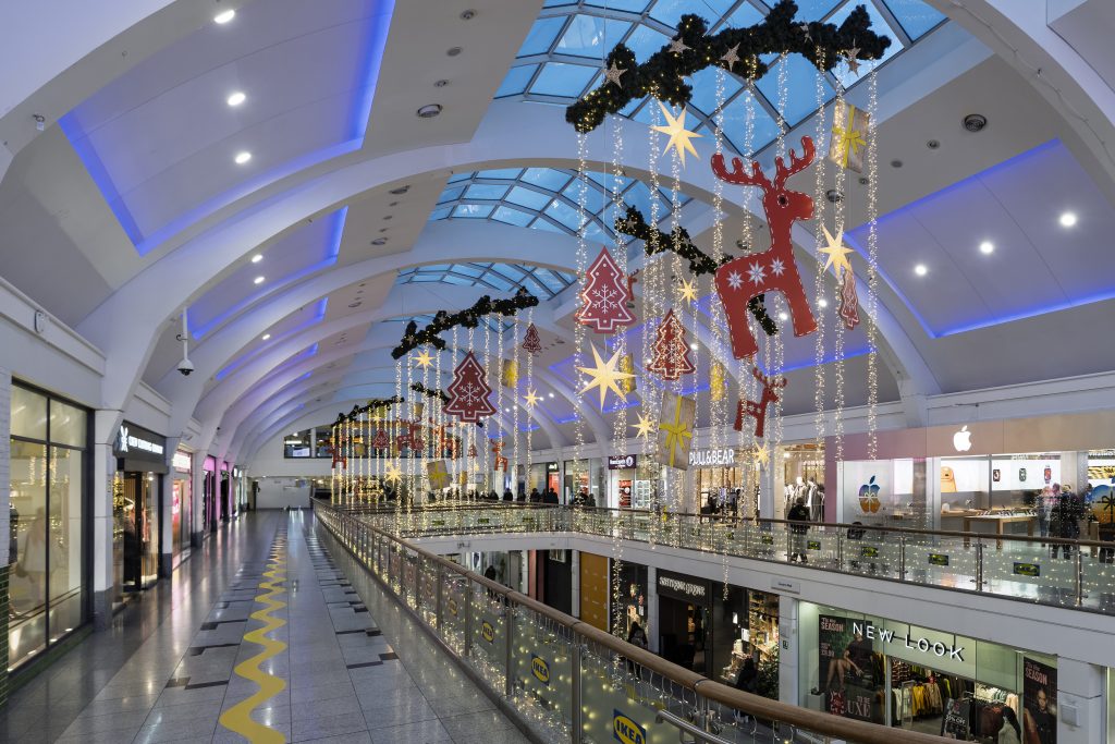 Nordic Christmas: hanging reindeer and Nordic decorations in Churchill Square, Brighton