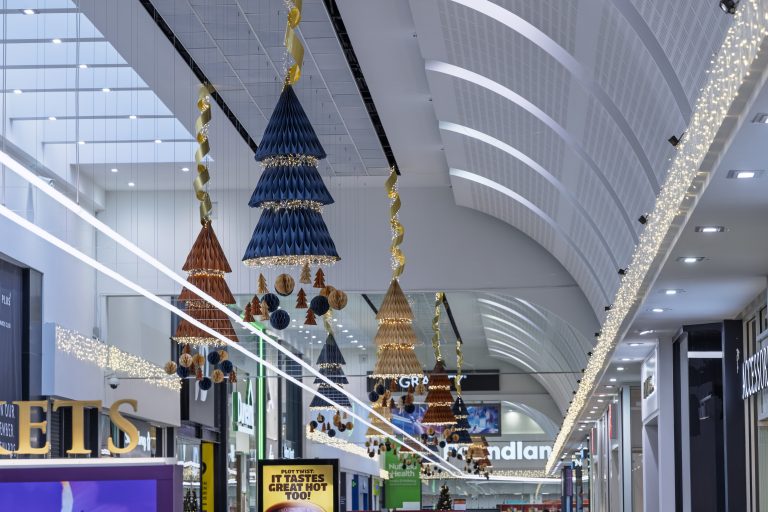 Christmas Unfolds: hanging folded Christmas tree decorations in Southside, London