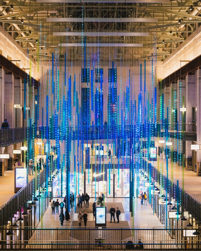 Aurora: hanging blue light strands in the Turbine Hall at Battersea Power Station, London