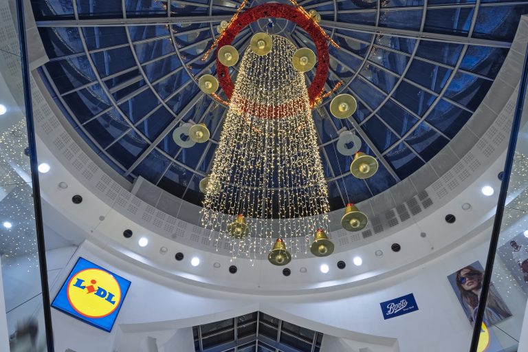 Christmas Chime Bells: giant chandelier of golden bells and lights at The Chimes, Uxbridge